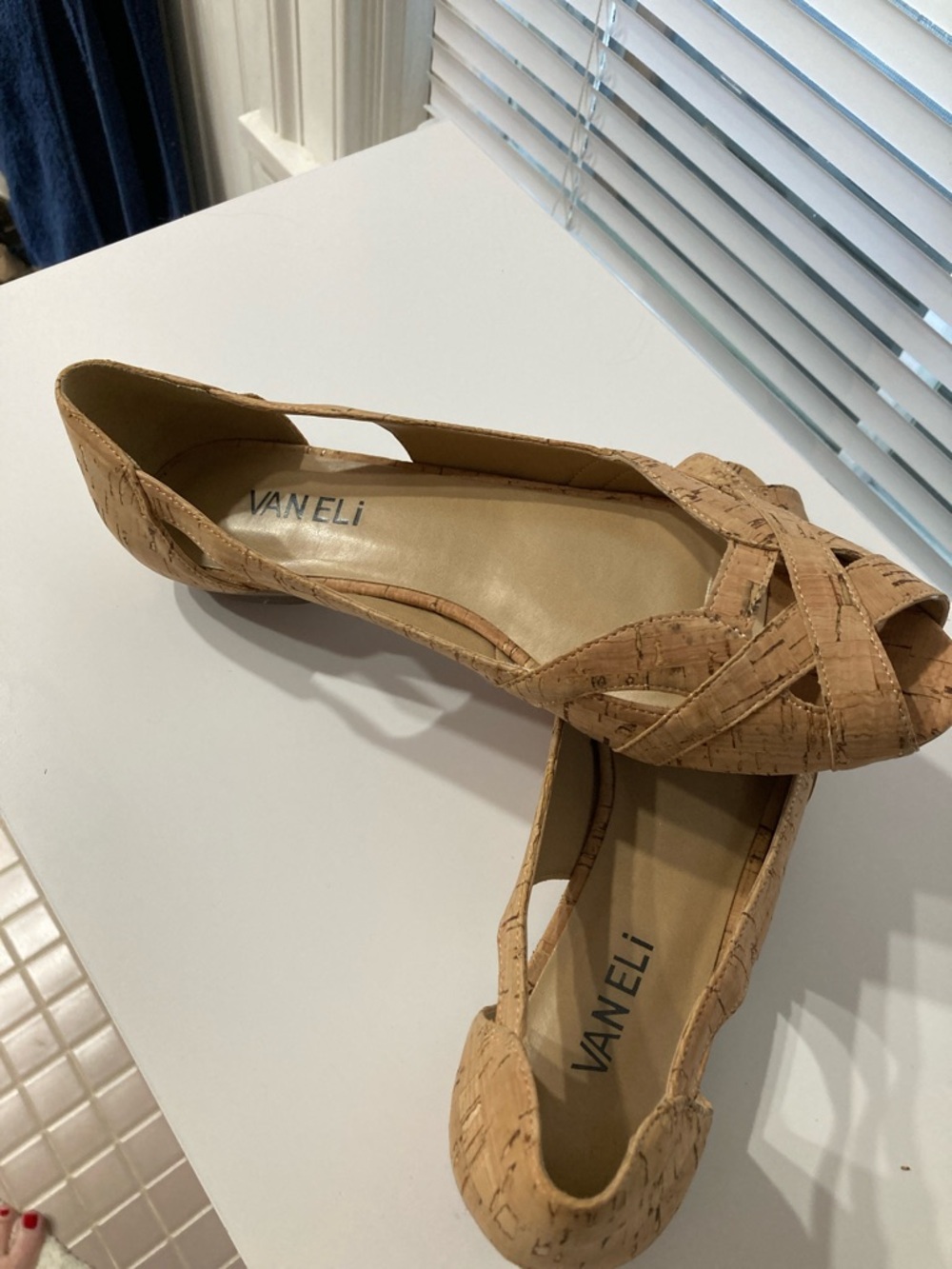 Vaneli Tan Cork Peep-Toe Flats with Woven Straps